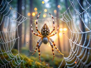 Delicate orchid-adorned orb weaver spider suspended in mid-air, intricate patterns on its body glisten in the soft glow of a misty forest clearing.