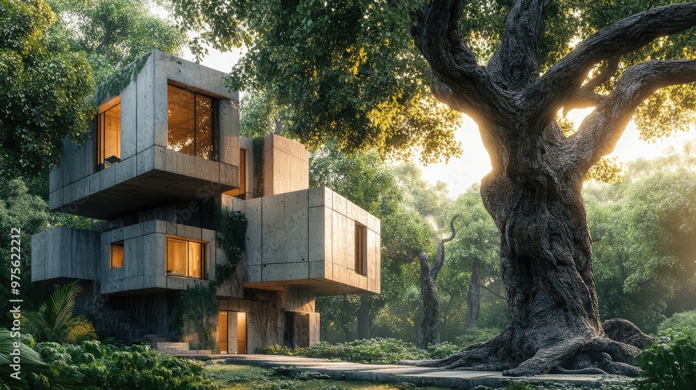 Poster a 3d abstract house made of minimalist cubes, sitting next to a large tree with realistic bark and l