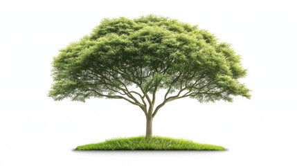 A lush green tree with a broad canopy, symbolizing nature, growth, and tranquility in a serene setting. A large, lush green tree with a broad canopy and dense foliage, standing on a patch of grass aga