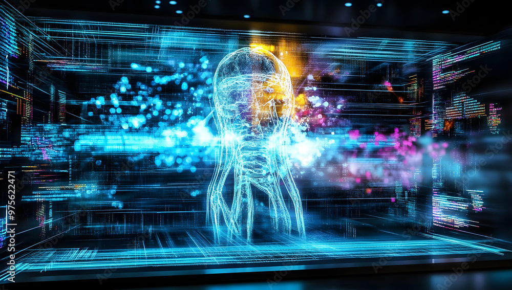 Poster hologram projection on a digital screen with different data and parameters.