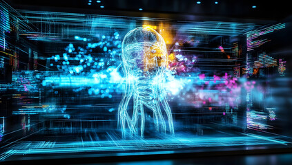 Fototapeta premium Hologram projection on a digital screen with different data and parameters.