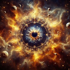 Fototapeta premium An awe-inspiring image of a cosmic explosion with intricate fiery nebulae, swirling galaxies, and numerous planets. This vivid and dynamic space scene captures the essence of the universe's raw power