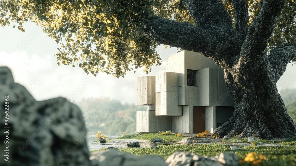 Poster a 3d abstract house made of minimalist cubes, sitting next to a large tree with realistic bark and l