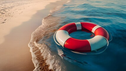 Naklejka premium Generative-AI, Red and White Lifebuoy Floating on a Calm Swimming Pool Water Background