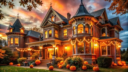 Fototapeta premium A vibrant orange Victorian mansion bursts with spooky charm, adorned with twinkling lights, garlands, and whimsical Halloween decorations, including giant spiders, bats, and jack-o'-lanterns.