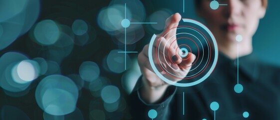 A futuristic interface being interacted with, featuring a holographic target and data points in a high-tech environment.