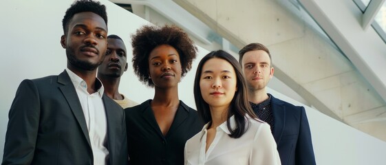 A diverse group of professionals poses confidently under natural light in a modern, minimalist office space, exuding unity and strength.