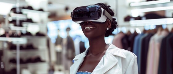 A joyful woman wears a VR headset, experiencing virtual reality in a modern retail store, surrounded by stylish clothing.