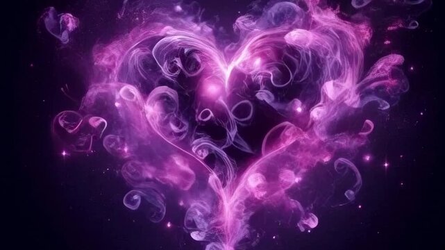 Purple magic heart in the form of smoke on a black background. Concept of love, Valentine's Day, self-sacrifice