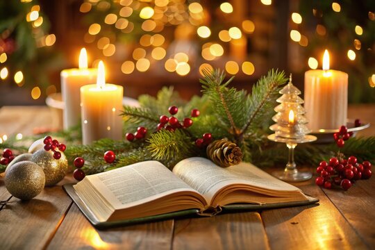 A warm, candlelit table setting featuring an open Bible with highlighted verses and festive holiday decorations, evoking a sense of faith and seasonal joy.