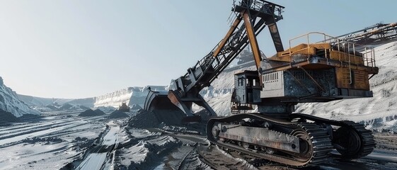 A massive mining excavator operates in a vast open-pit mine, showcasing the immense machine and industrious atmosphere.