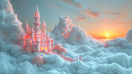 A pink castle sits atop fluffy clouds with a sunset in the background.