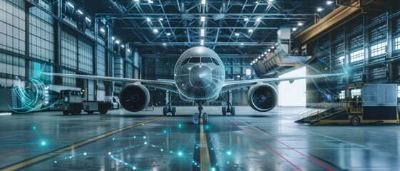 This image captures an aircraft inside an illuminated hangar, emphasizing advanced technology with digital data lines surrounding it.