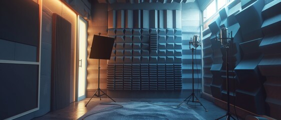 An acoustically treated music recording studio, lights on, microphones set, creating a professional and creative atmosphere.
