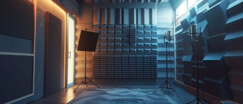 An acoustically treated music recording studio, lights on, microphones set, creating a professional and creative atmosphere.
