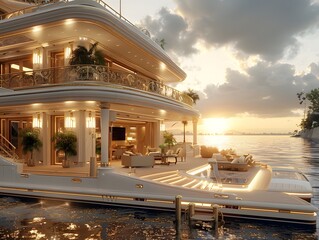Fototapeta premium Sunset serenity at a mansion on the water. A luxurious abode where elegance meets tranquility.
