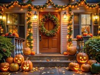 Obraz premium A welcoming autumnal porch adorned with carved pumpkins, twinkling string lights, and a festive wreath, setting the tone for a spooky-ooky Halloween celebration.