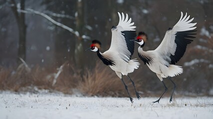 Obraz premium Wildlife scene from snowy nature. Dancing pair of Red-crowned cranes with open wings