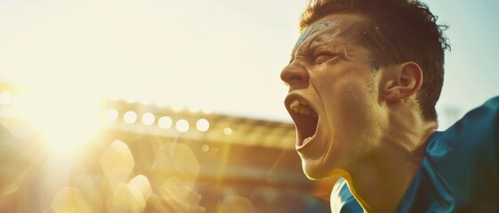 A fierce soccer player roars passionately, surrounded by a brightly lit stadium filled with enthusiastic fans.