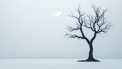 Obraz premium A solitary, leafless tree stands starkly in a foggy, snowy landscape under a full moon, creating a haunting and serene winter scene.