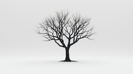 Fototapeta premium A barren tree with bare branches stands alone against a stark white background, symbolizing solitude and the beauty of winter's minimalism.