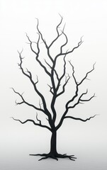 A minimalist photo of a bare tree with dark branches against a light background, creating a stark and eerie contrast.