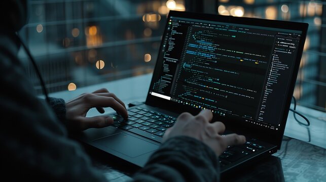Close-up of a programmer's hands working diligently on a sleek ultrabook while the screen displays intricate algorithms in a dark-themed code editor showcasing modern technology and coding skills