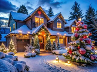 Fototapeta premium A whimsical winter wonderland scene featuring vibrant LED lights, snowflakes, and festive wreaths adorning a charming suburban home's exterior, surrounded by snow-covered evergreen trees.