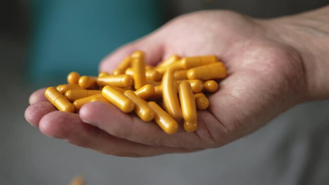 Pills Fall Into The Hand. Close-up. Slow-motion