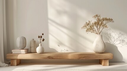 Minimalist modern home decor shelf with natural wood accents vases and books creating a peaceful serene and balanced atmosphere