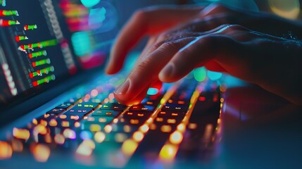 Naklejka premium A focused programmer's hands tapping on a laptop touchpad while engaging with lines of code on a high-resolution screen demonstrating the art of coding in a creative and modern workspace