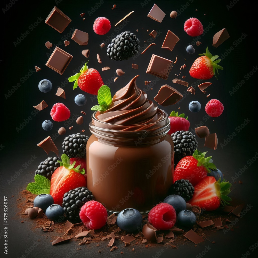 Poster a delicious jar of chocolate mousse surrounded by fresh berries and pieces of chocolate, seemingly f