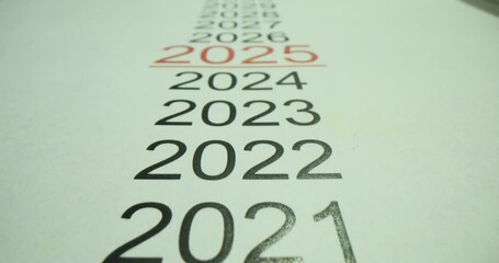 Annual vertical calendar for 2025 among many years 4k movie slow motion. Planning goals and objectives for future concept