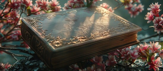 Ornate vintage leather bound book with intricate floral pattern and petals in a bright natural spring setting showcasing the elegant and luxurious nature of classic literature