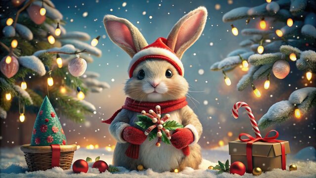 Adorable anthropomorphic rabbit wearing Santa hat and scarf, holding gift and candy cane, poses in festive holiday scene with snowflakes, holly, and twinkling lights. - Powered by Adobe