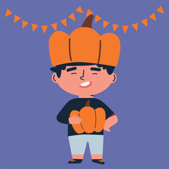 Happy Halloween banner or party invitation background with moon, bats and pumpkins in paper flat style. Cartoon illustration. Place for text	
