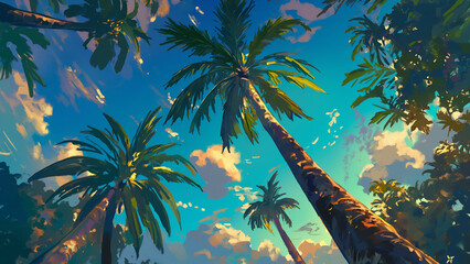 A view looking up at the palm trees. Styled like an anime or game background. Blue sky, sunset, sunrise, night, fog, snow, rain, cloudiness, autumn leaves, etc.