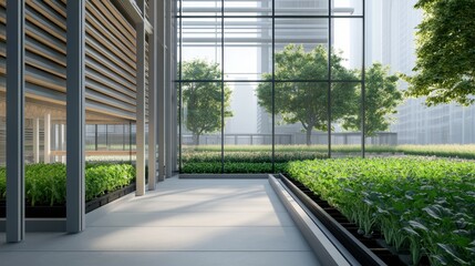 A modern greenhouse interior featuring glass walls, lush greenery, and a serene atmosphere, ideal for sustainable gardening and plant growth.