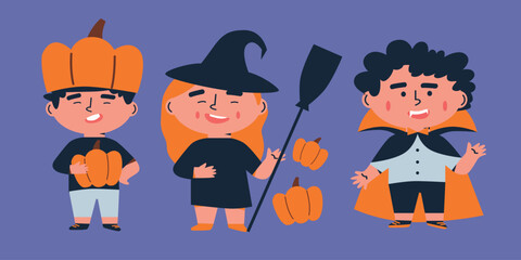 Happy Halloween banner or party invitation background with moon, bats and pumpkins in paper flat style. Cartoon illustration. Place for text	
