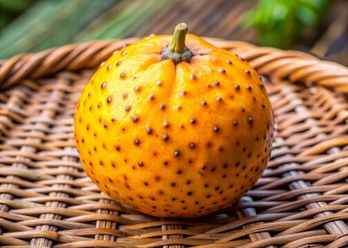 "A vibrant, yellow-orange umbu fruit with speckled skin, a prominent stem, and a slightly indented top, resting on a woven basket."