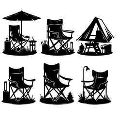  Sets of camping chair vector silhouette on a white background