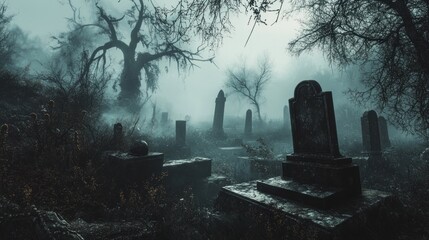 Foggy graveyard at dusk with ancient tombstones and eerie atmosphere.