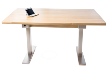Modern standing desk with a sleek maple wood surface and metal legs, isolated on a transparent or white background.