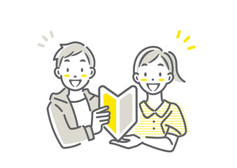 初めての挑戦をする学生の女性と男性　シンプルでお洒落な線画イラスト
