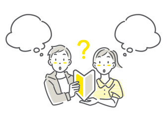 初めてのことに挑戦しようと考える学生の女性と男性　シンプルでお洒落な線画イラスト