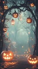 Spooky Halloween scene with cobwebs and glowing pumpkins, eerie vibes for Halloween designs.