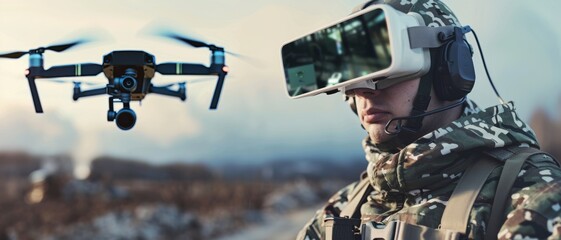 Military personnel in camouflage gear utilizing VR headset to operate a high-tech drone, showcasing advanced technology in modern-day warfare.