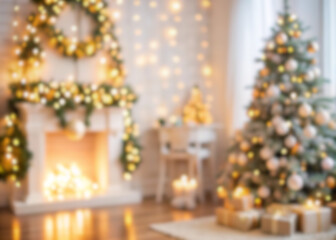Cozy Christmas Ambience - Blurred Festive Background with Tree and Fireplace