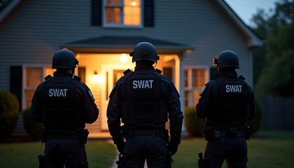 Swat team officers standing in front of a house at night