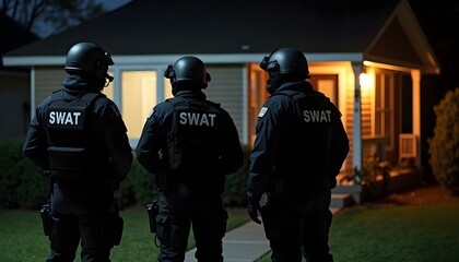 Swat team officers standing in front of a house at night